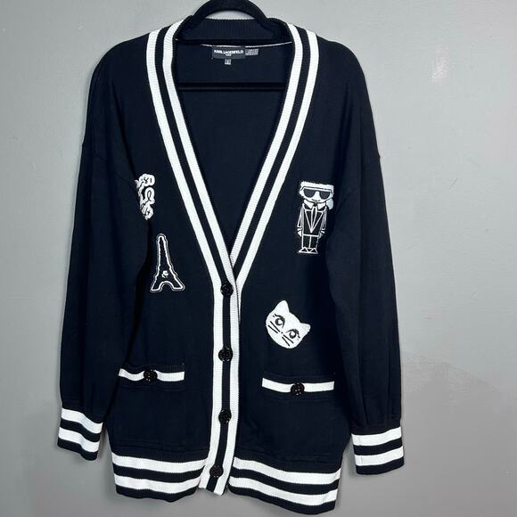 Karl Lagerfeld Varsity sweater cardigan Medium Cats Black Witchy Goth Patchwork - Picture 1 of 13